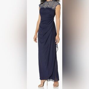 NWT Alex Evenings Navy sleeveless metallic lace gown with side ruching